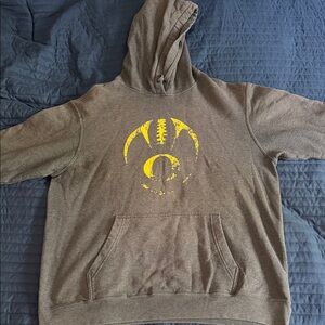 Oregon Football Grey Sweatshirt with Distressed Yellow Football Graphic